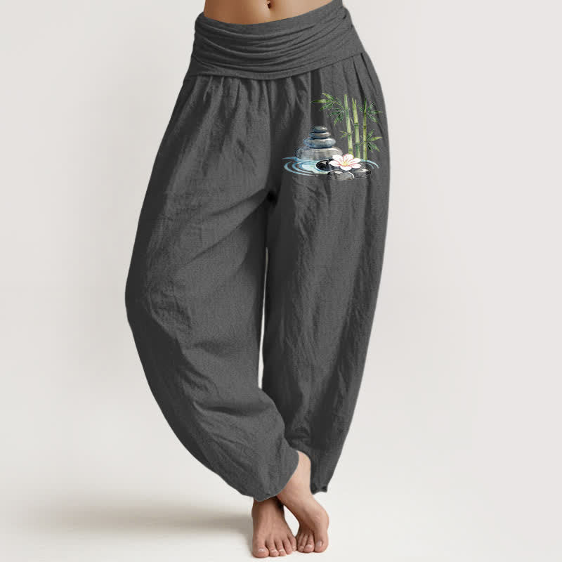 Buddha Stones Pantalones harem de mujer de talle alto con estampado de flores de bambú y pedrería, de algodón puro. - Gris oscuro - US16，UK/AU20，EU48 (3XL) - image 11