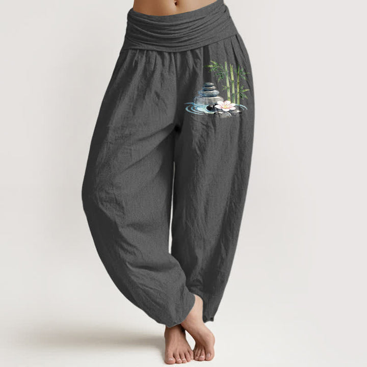Buddha Stones Pantalones harem de mujer de talle alto con estampado de flores de bambú y pedrería, de algodón puro. - Gris oscuro - US16，UK/AU20，EU48 (3XL) - image 11