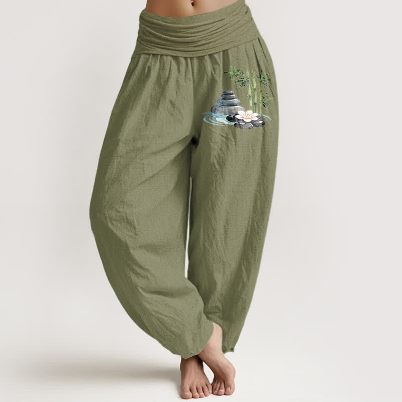 Buddha Stones Pantalones harem de mujer de talle alto con estampado de flores de bambú y pedrería, de algodón puro. - Verde oliva - US16，UK/AU20，EU48 (3XL) - image 14