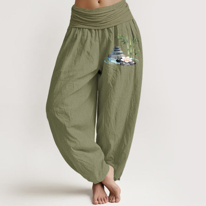 Buddha Stones Pantalones harem de mujer de talle alto con estampado de flores de bambú y pedrería, de algodón puro. - Verde oliva - US16，UK/AU20，EU48 (3XL) - image 14