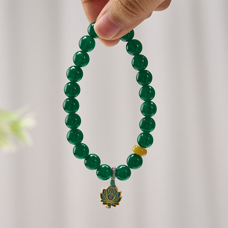 Buddha Stones Pulsera de cuentas con dije de loto, ágata verde natural y ágata amarilla para el éxito. - image 1