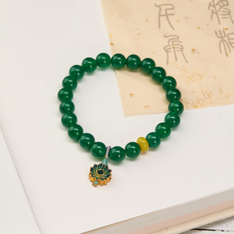 Buddha Stones Pulsera de cuentas con dije de loto, ágata verde natural y ágata amarilla para el éxito. - Ágata verde (circunferencia de la muñeca: 15-16 cm) - image 0