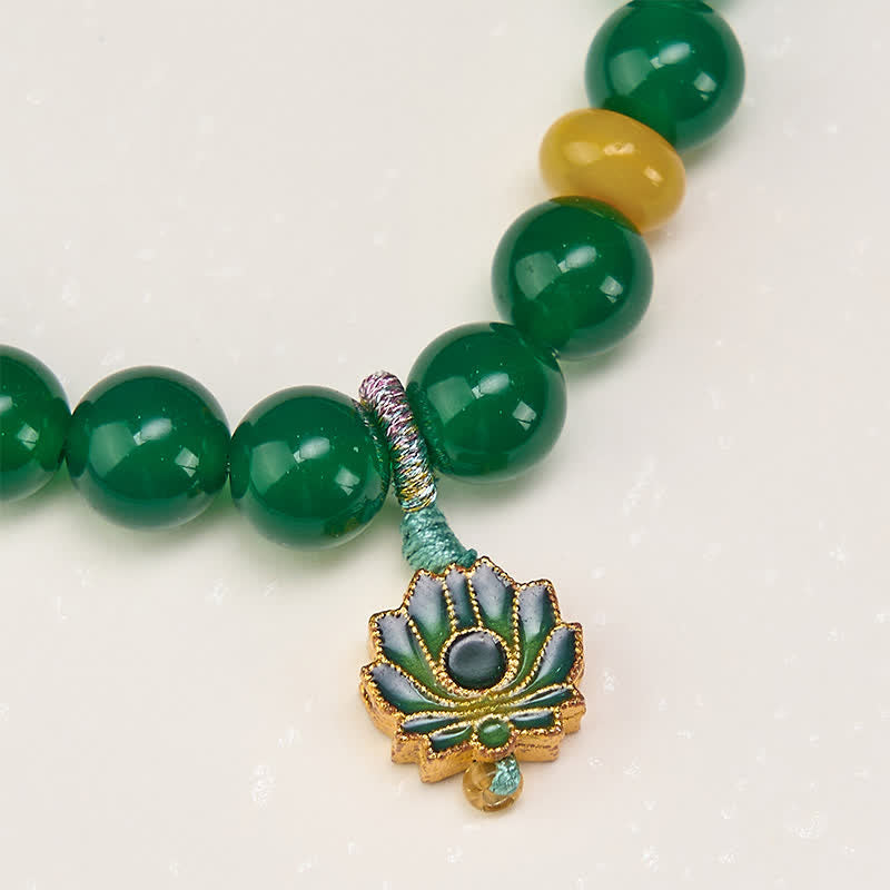 Buddha Stones Pulsera de cuentas con dije de loto, ágata verde natural y ágata amarilla para el éxito. - image 4