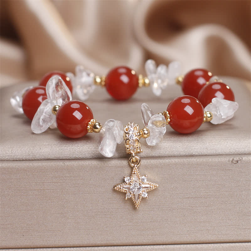 Buddha Stones Pulsera con dije de hexagrama de cuarzo transparente y ágata roja natural - Ágata roja (circunferencia de la muñeca: 15-16 cm) - image 0