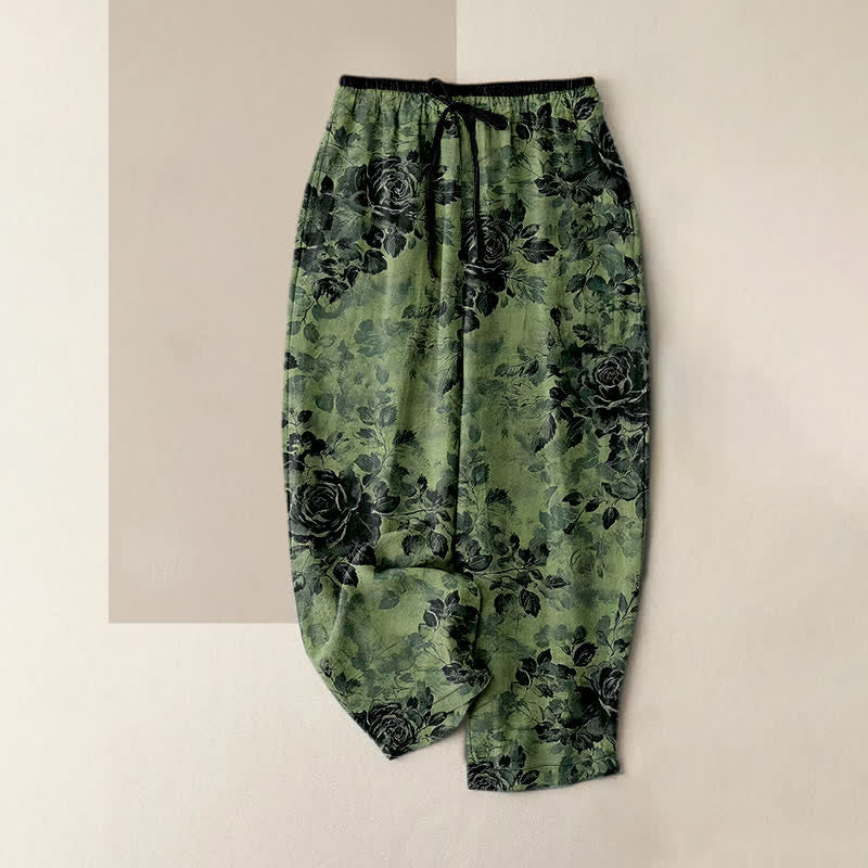 Buddha Stones Pantalones de mujer de algodón puro con estampado de rosas, cintura elástica, cordón ajustable y bolsillos. - Verde mar medio - US16，UK/AU20，EU48 (3XL) - image 0