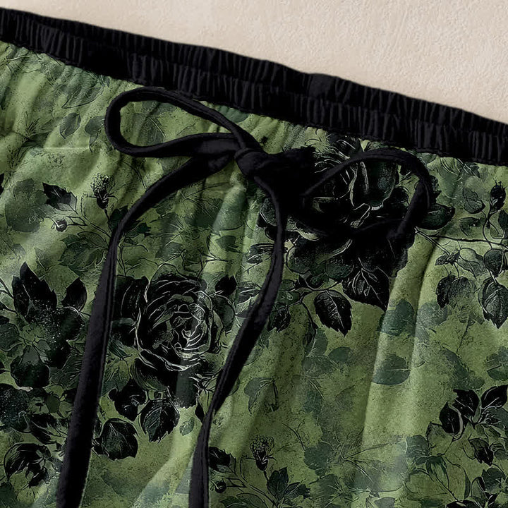Buddha Stones Pantalones de mujer de algodón puro con estampado de rosas, cintura elástica, cordón ajustable y bolsillos. - image 1