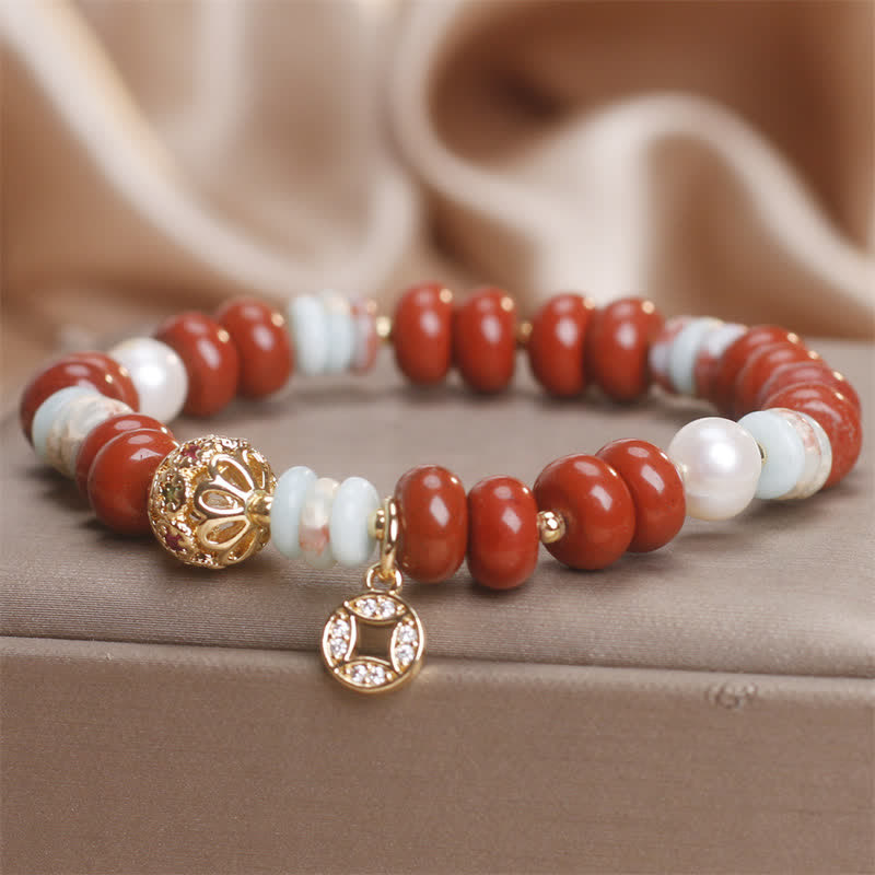 Buddha Stones Pulsera de protección con cuentas de ábaco de piedra Shoushan de jaspe rojo y moneda de cobre - image 5