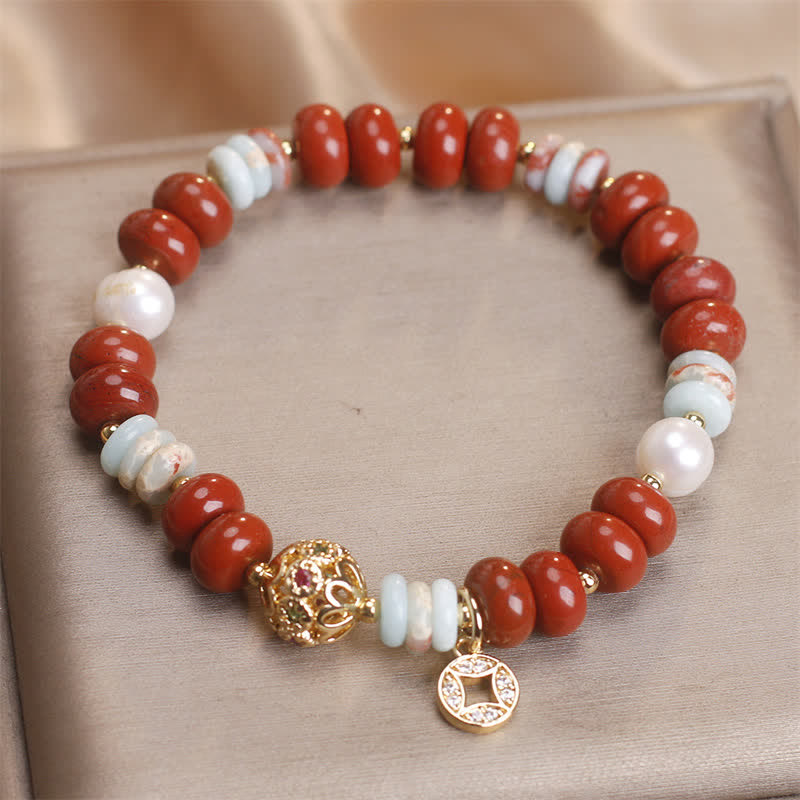 Buddha Stones Pulsera de protección con cuentas de ábaco de piedra Shoushan de jaspe rojo y moneda de cobre - image 1