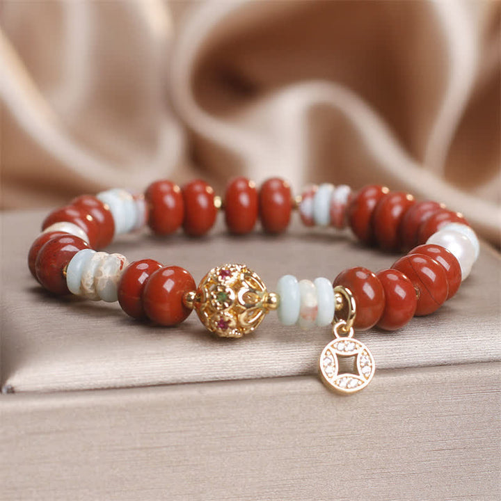 Buddha Stones Pulsera de protección con cuentas de ábaco de piedra Shoushan de jaspe rojo y moneda de cobre - image 4