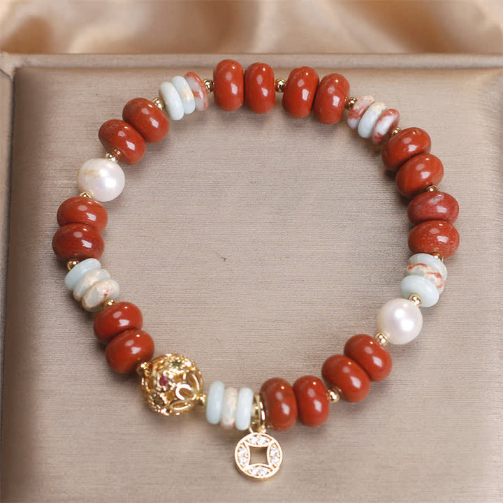 Buddha Stones Pulsera de protección con cuentas de ábaco de piedra Shoushan de jaspe rojo y moneda de cobre - image 3
