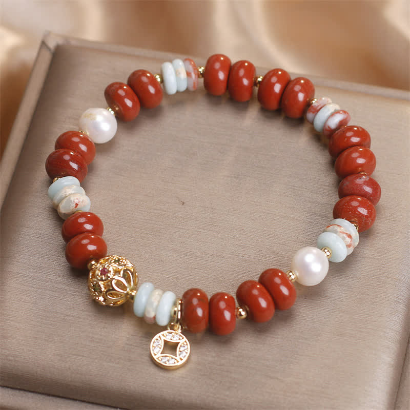 Buddha Stones Pulsera de protección con cuentas de ábaco de piedra Shoushan de jaspe rojo y moneda de cobre - image 2