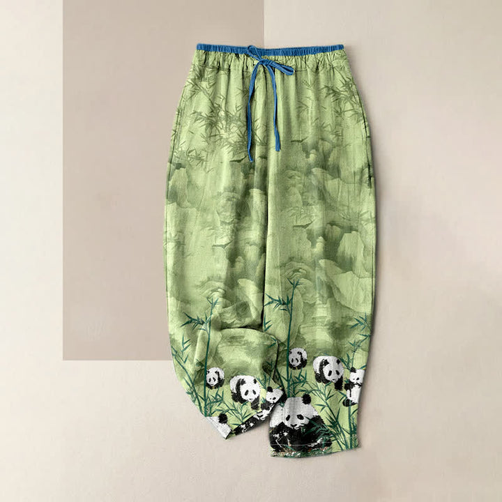 Buddha Stones Pantalones de mujer de algodón con estampado de pandas y bambú, cintura elástica y bolsillos. - Verde pálido - US16，UK/AU20，EU48 (3XL) - image 0