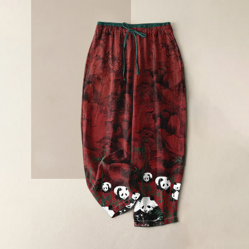 Buddha Stones Pantalones de mujer de algodón con estampado de pandas y bambú, cintura elástica y bolsillos. - Granate - US16，UK/AU20，EU48 (3XL) - image 3