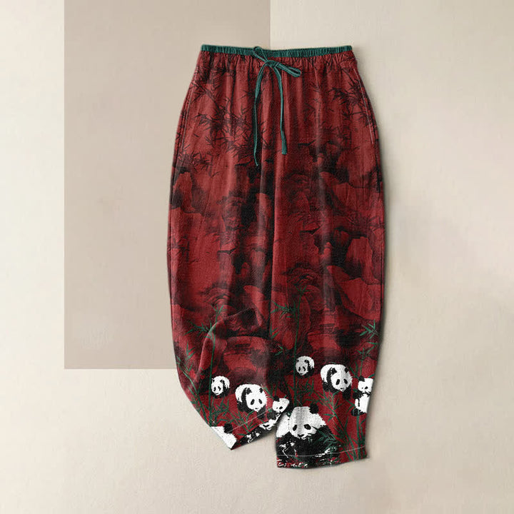 Buddha Stones Pantalones de mujer de algodón con estampado de pandas y bambú, cintura elástica y bolsillos. - Granate - US16，UK/AU20，EU48 (3XL) - image 3
