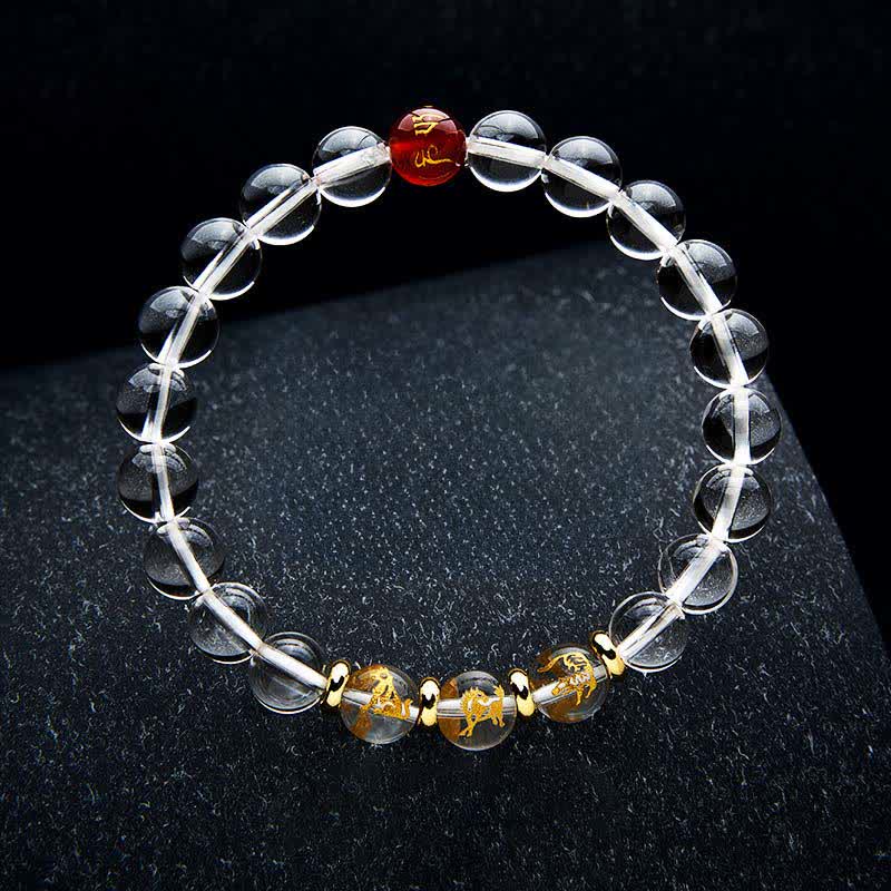 Buddha Stones Pulsera de cuarzo transparente con signos del zodiaco chino para la sanación - Perro caballo tigre - Cuentas de 8 mm (circunferencia de la muñeca: 15-16 cm) - image 1