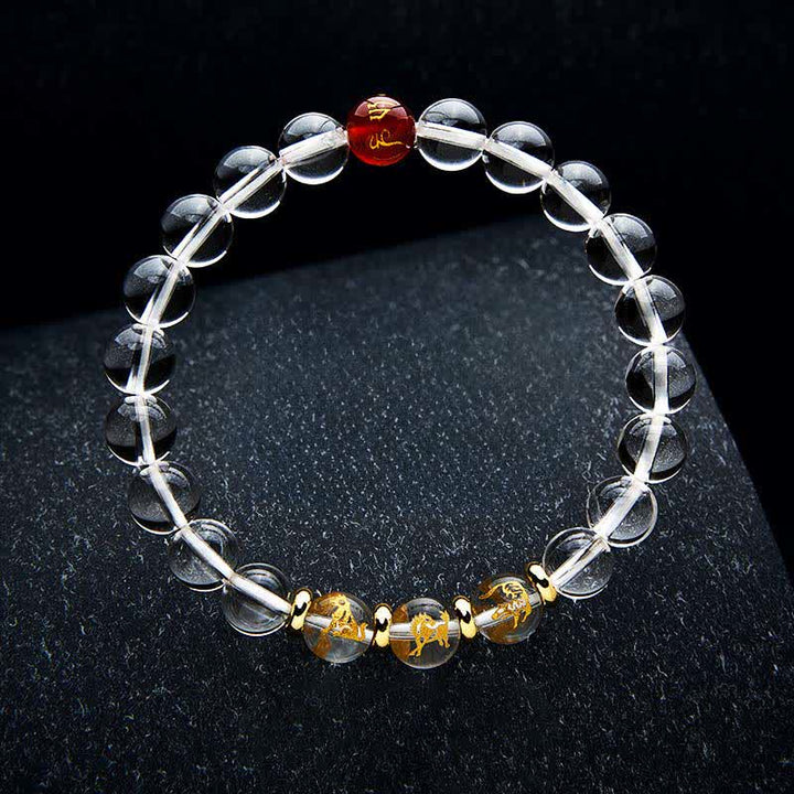 Buddha Stones Pulsera de cuarzo transparente con signos del zodiaco chino para la sanación - Perro caballo tigre - Cuentas de 8 mm (circunferencia de la muñeca: 15-16 cm) - image 1