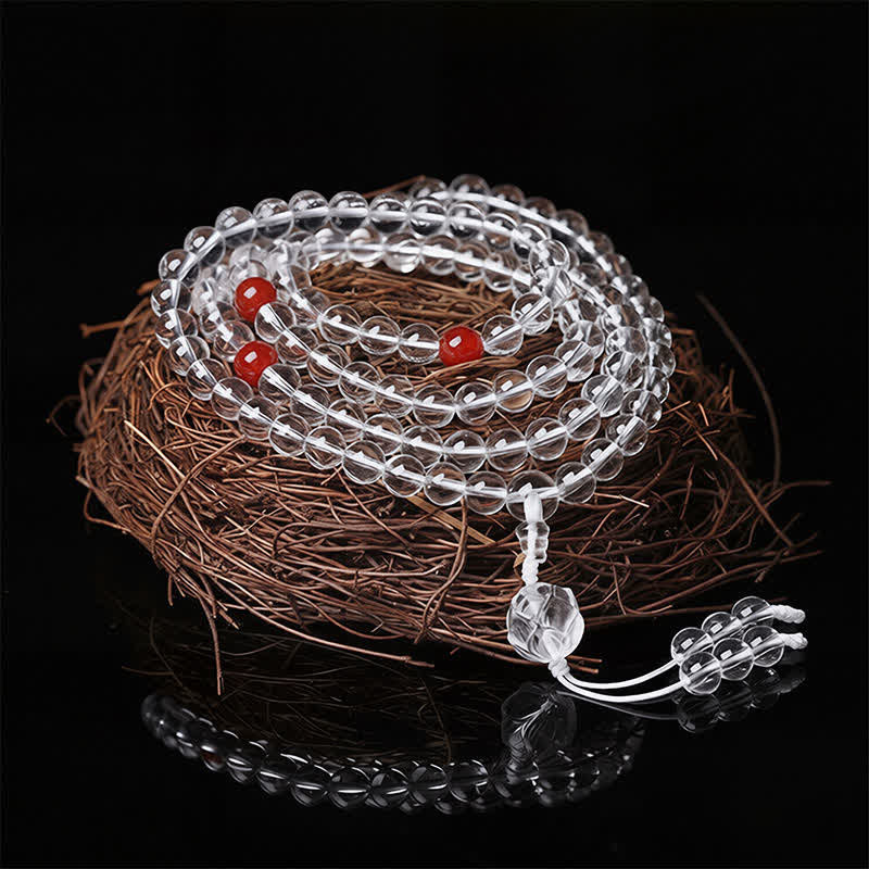 Buddha Stones Mala de iluminación Liuli Lotus de 108 cuentas redondas - Cuentas rojas Hilo blanco - image 0