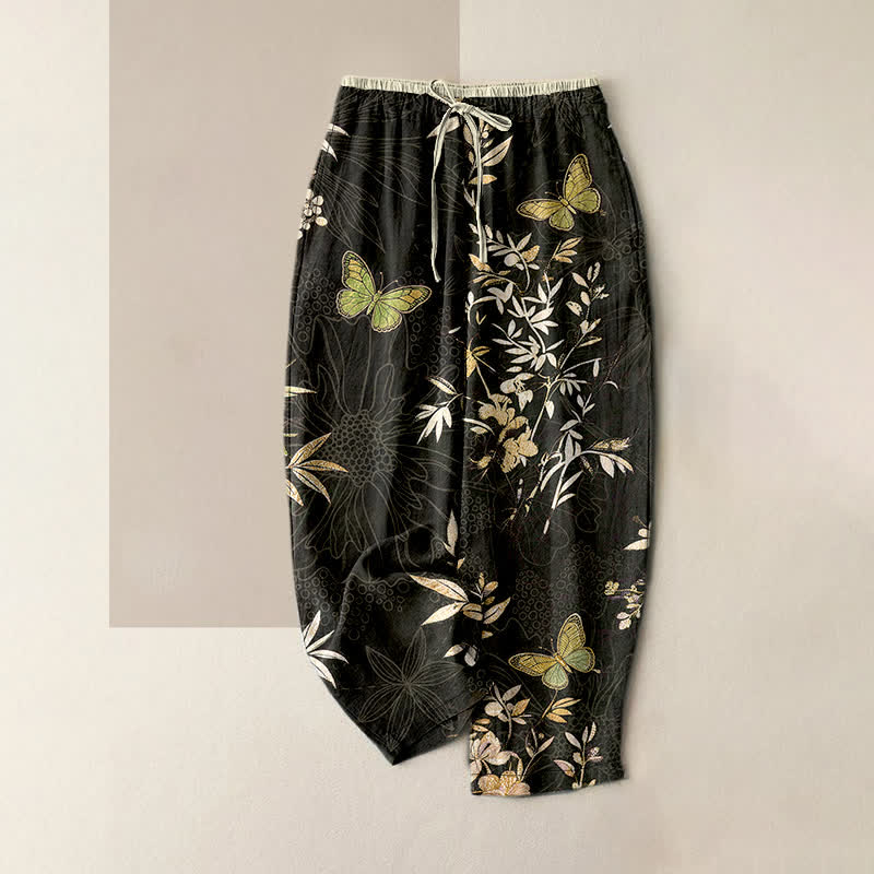 Buddha Stones Pantalones de mujer de algodón puro con estampado de mariposas, hojas y flores, cordón ajustable y coloridos, con bolsillos. - Negro - US16，UK/AU20，EU48 (3XL) - image 0