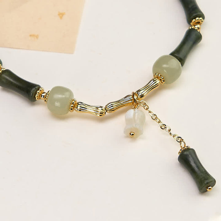 Buddha Stones Pulsera ajustable de jade hetian, peridoto, bambú y lirio del valle, símbolo de riqueza y fidelidad. - image 4