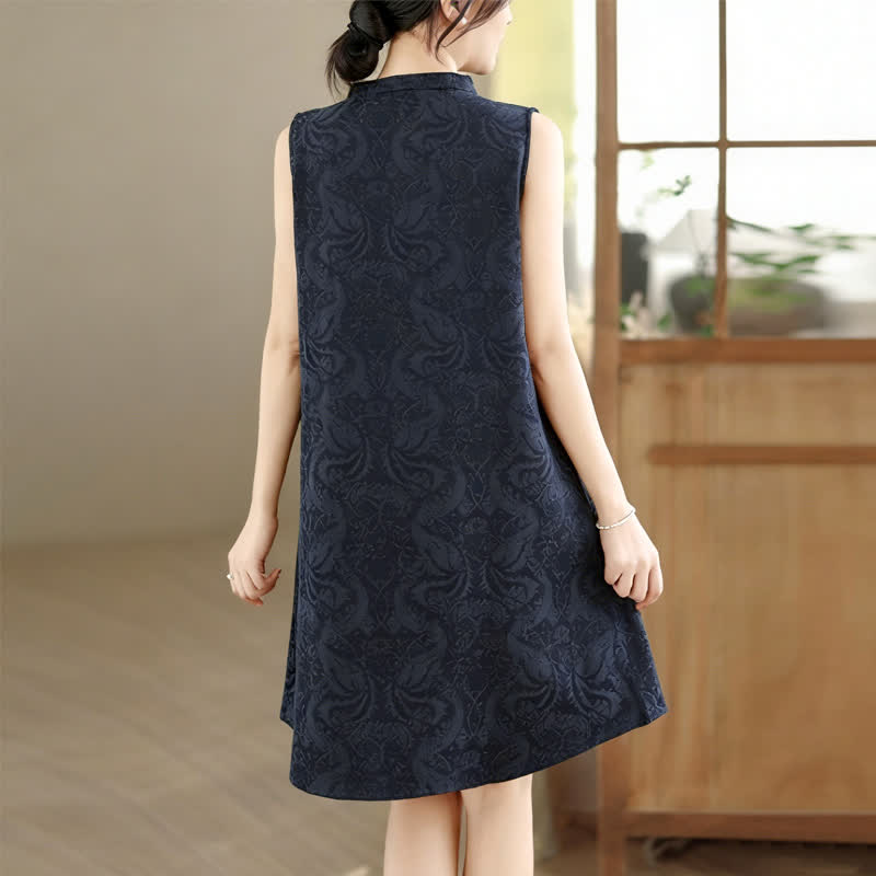 Buddha Stones Minivestido de algodón sin mangas con cuello mandarín, botones de rana y estampado jacquard, con bolsillos. - image 17