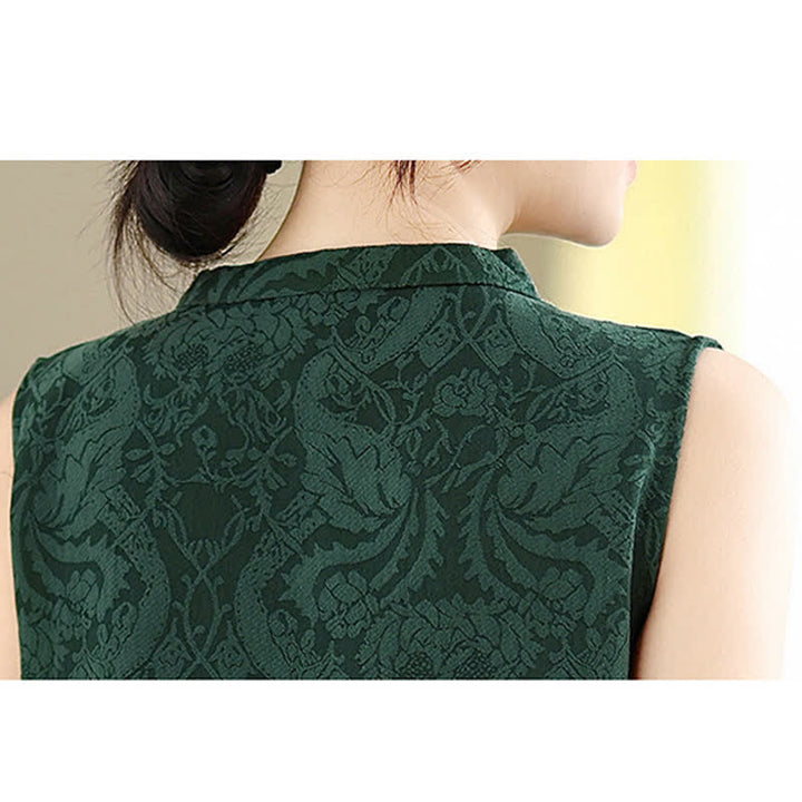 Buddha Stones Minivestido de algodón sin mangas con cuello mandarín, botones de rana y estampado jacquard, con bolsillos. - image 10