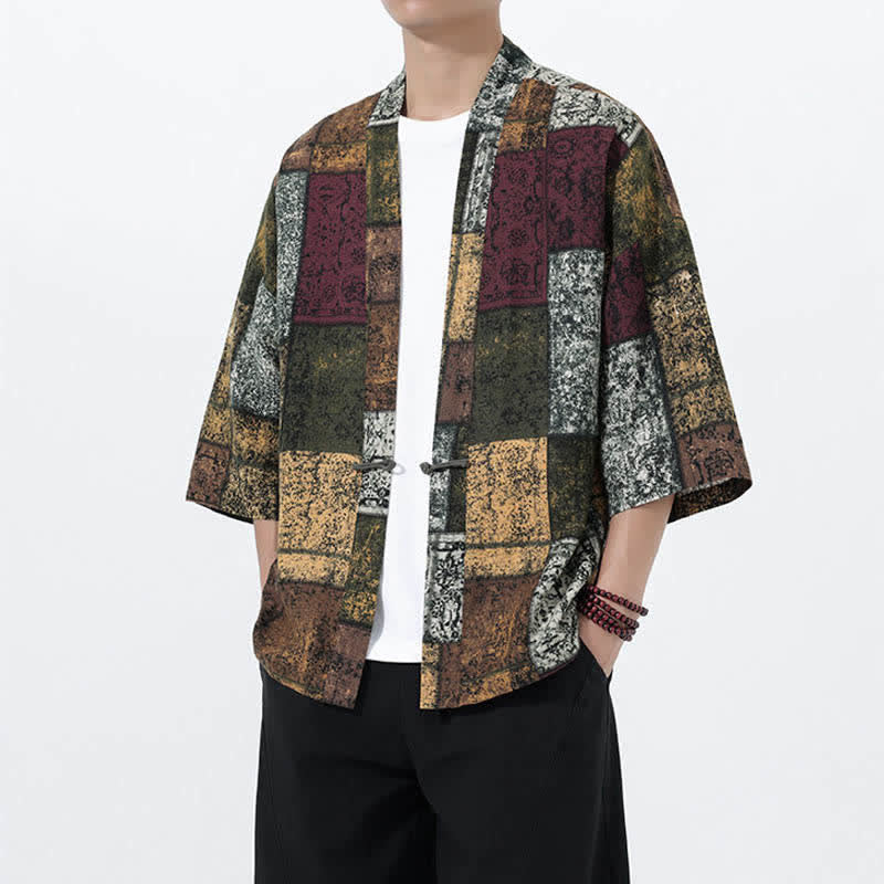 Buddha Stones Kimono de manga corta para hombre, de mezcla de lino, con estampado de hojas tropicales veraniego. - image 20