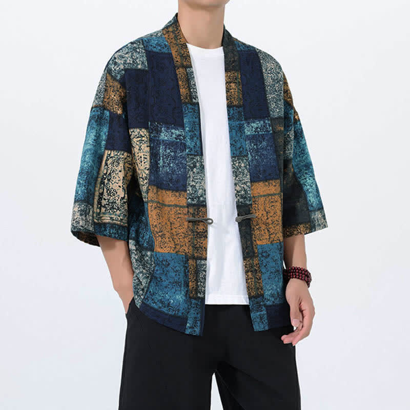 Buddha Stones Kimono de manga corta para hombre, de mezcla de lino, con estampado de hojas tropicales veraniego. - image 8