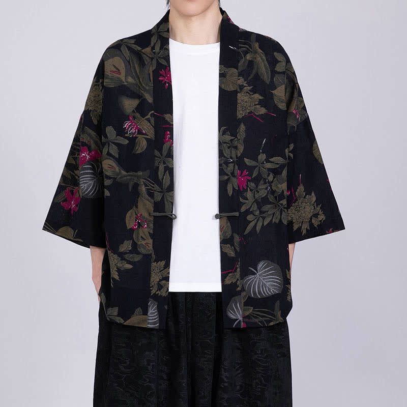 Buddha Stones Kimono de manga corta para hombre, de mezcla de lino, con estampado de hojas tropicales veraniego. - Negro - US/UK/AU46, EU56 (5XL) - image 11