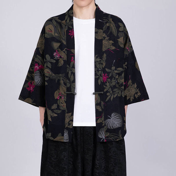 Buddha Stones Kimono de manga corta para hombre, de mezcla de lino, con estampado de hojas tropicales veraniego. - Negro - US/UK/AU46, EU56 (5XL) - image 11