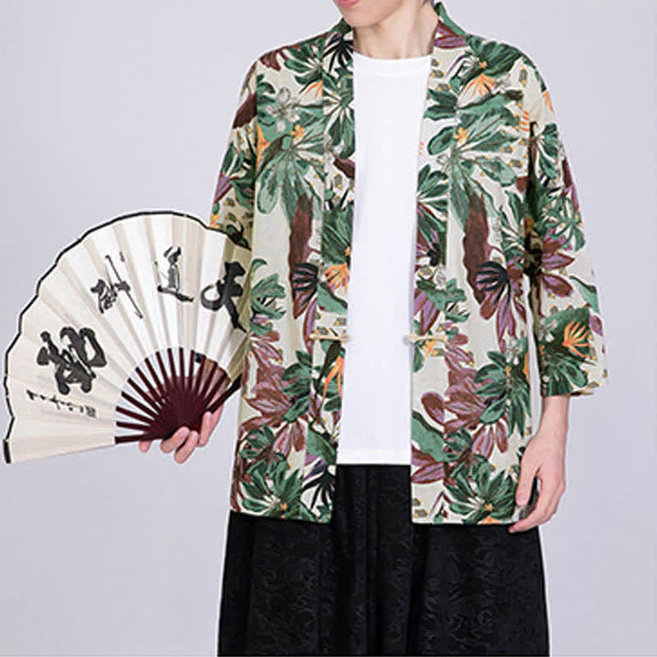 Buddha Stones Kimono de manga corta para hombre, de mezcla de lino, con estampado de hojas tropicales veraniego. - image 6