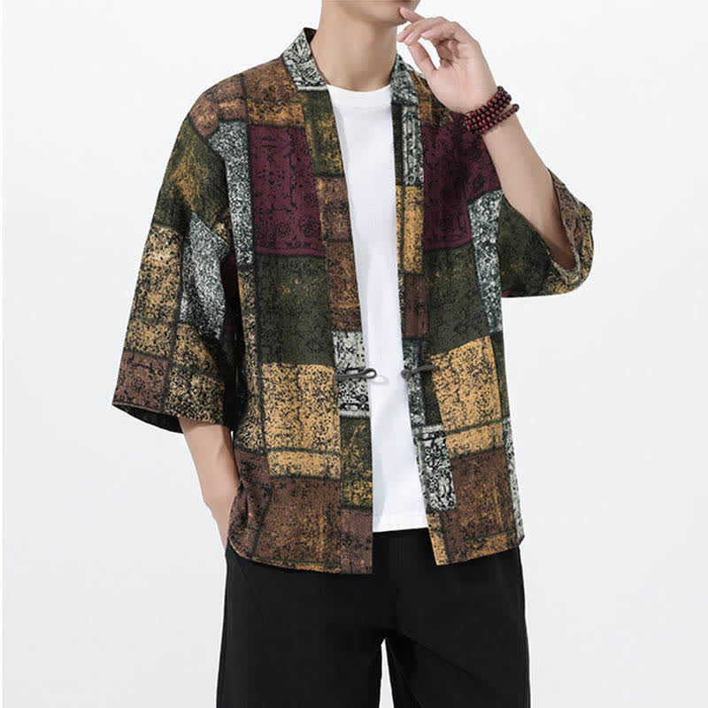 Buddha Stones Kimono de manga corta para hombre, de mezcla de lino, con estampado de hojas tropicales veraniego. - image 19