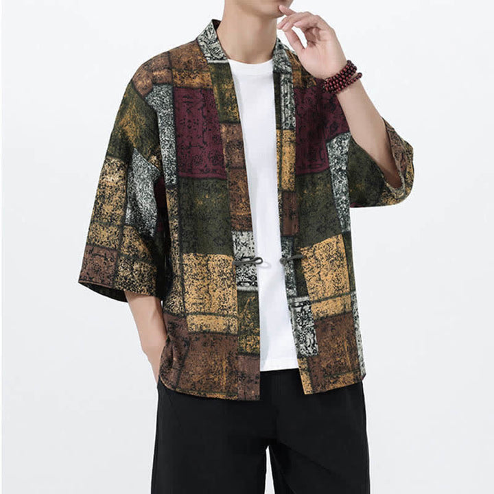 Buddha Stones Kimono de manga corta para hombre, de mezcla de lino, con estampado de hojas tropicales veraniego. - image 19
