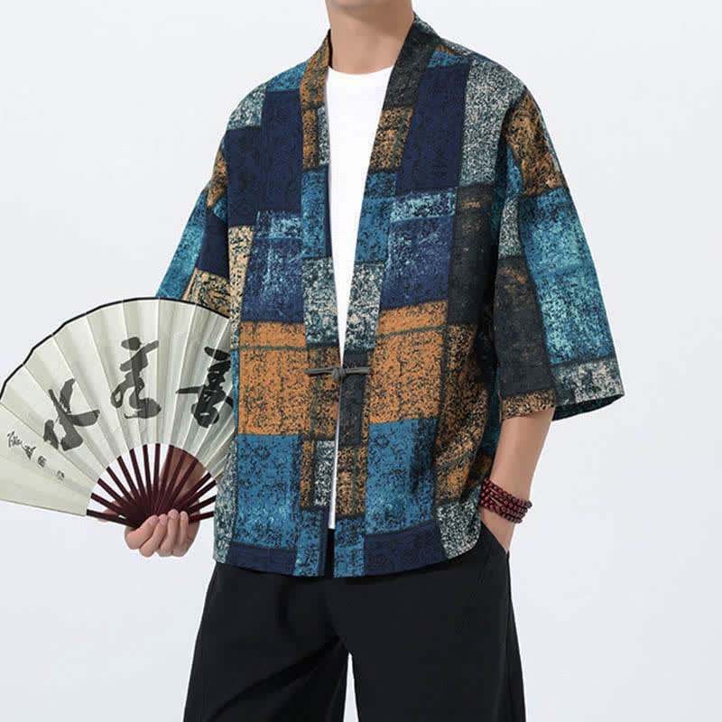 Buddha Stones Kimono de manga corta para hombre, de mezcla de lino, con estampado de hojas tropicales veraniego. - image 10