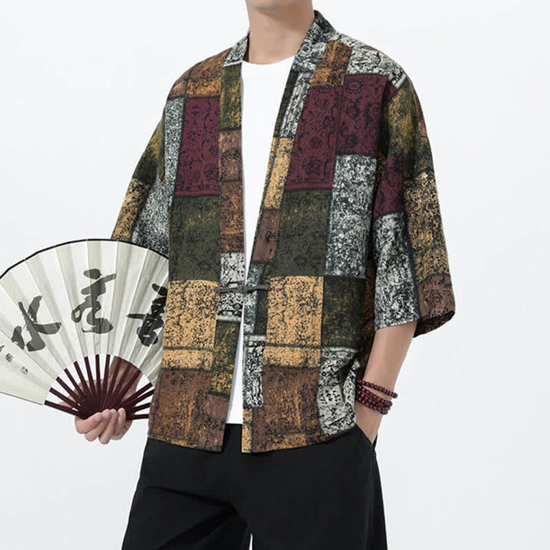 Buddha Stones Kimono de manga corta para hombre, de mezcla de lino, con estampado de hojas tropicales veraniego. - image 21