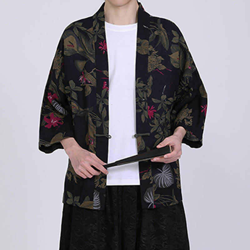 Buddha Stones Kimono de manga corta para hombre, de mezcla de lino, con estampado de hojas tropicales veraniego. - image 13