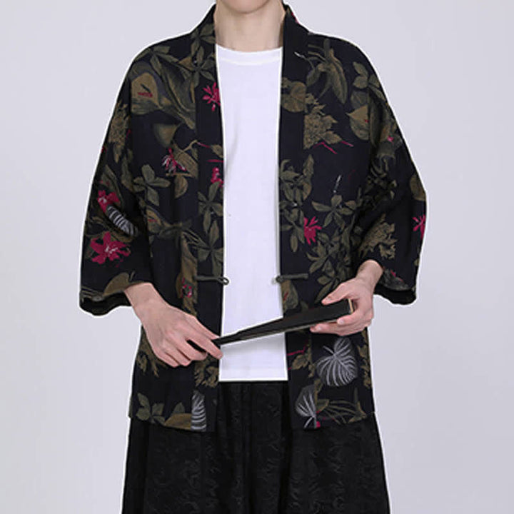 Buddha Stones Kimono de manga corta para hombre, de mezcla de lino, con estampado de hojas tropicales veraniego. - image 13