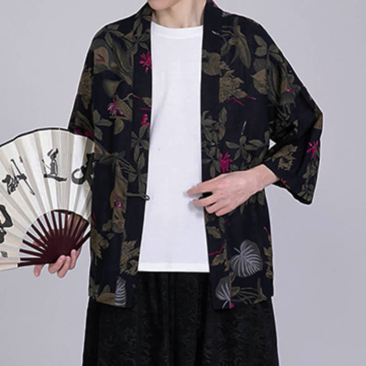Buddha Stones Kimono de manga corta para hombre, de mezcla de lino, con estampado de hojas tropicales veraniego. - image 12