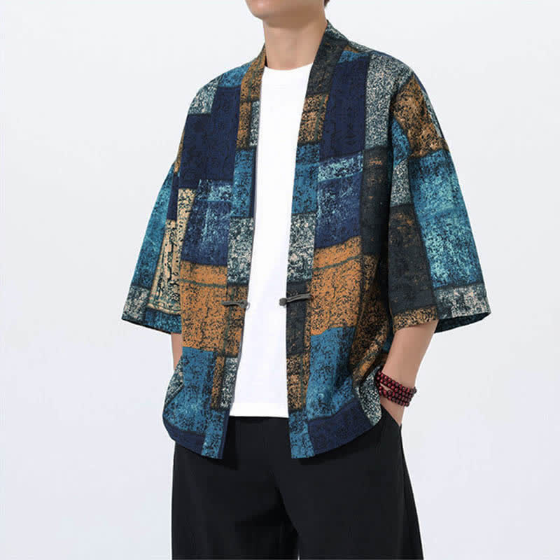 Buddha Stones Kimono de manga corta para hombre, de mezcla de lino, con estampado de hojas tropicales veraniego. - image 9