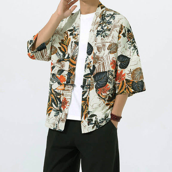 Buddha Stones Kimono de manga corta para hombre, de mezcla de lino, con estampado de hojas tropicales veraniego. - image 2