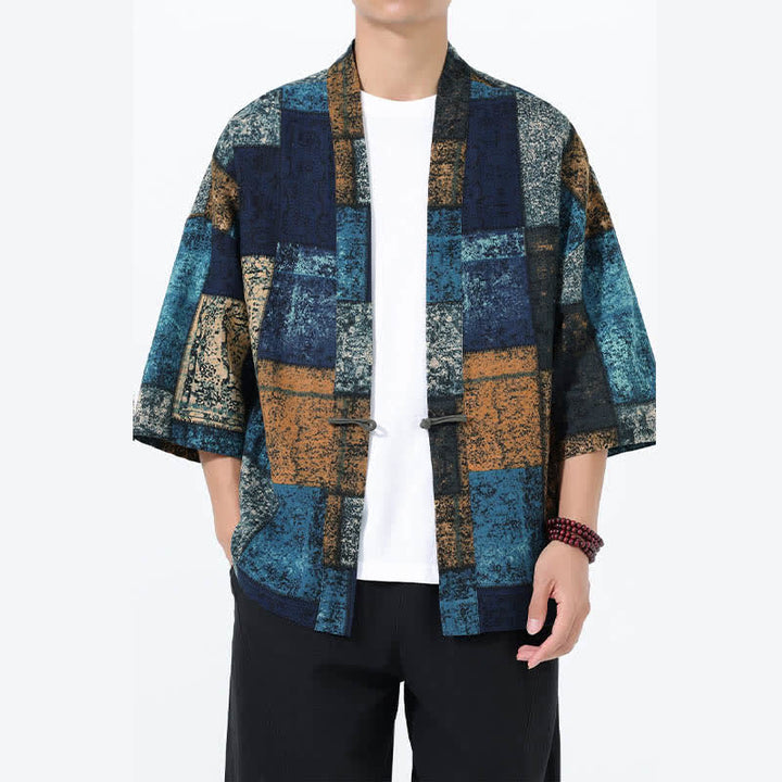 Buddha Stones Kimono de manga corta para hombre, de mezcla de lino, con estampado de hojas tropicales veraniego. - Azul cadete - US/UK/AU46, EU56 (5XL) - image 7