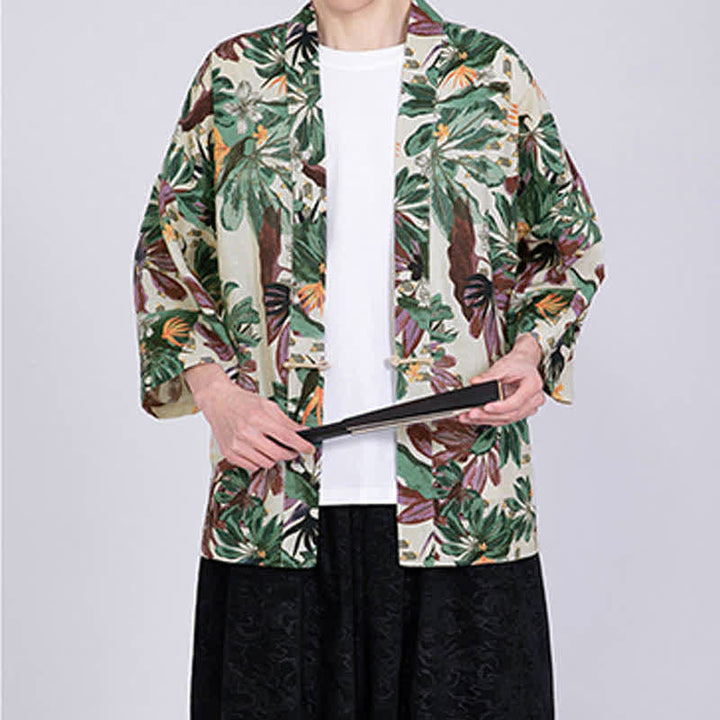 Buddha Stones Kimono de manga corta para hombre, de mezcla de lino, con estampado de hojas tropicales veraniego. - image 5