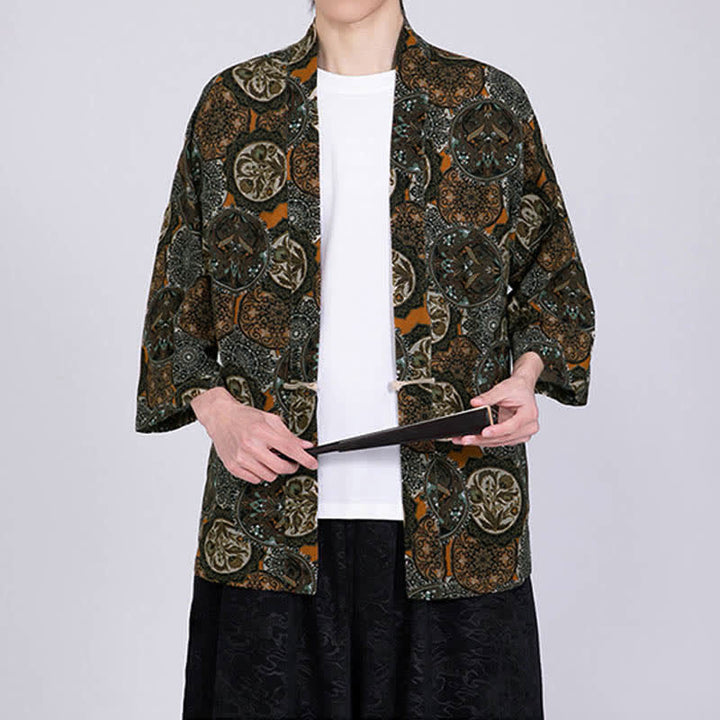 Buddha Stones Kimono de manga corta para hombre, de mezcla de lino, con estampado de hojas tropicales veraniego. - image 15