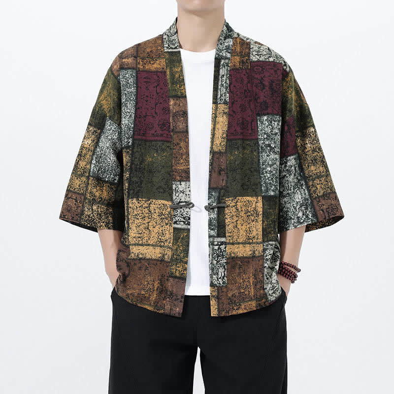 Buddha Stones Kimono de manga corta para hombre, de mezcla de lino, con estampado de hojas tropicales veraniego. - Verde oliva - US/UK/AU46, EU56 (5XL) - image 18