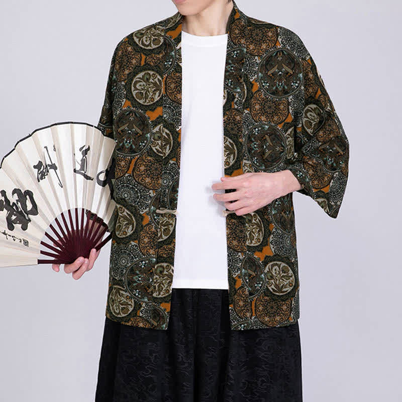 Buddha Stones Kimono de manga corta para hombre, de mezcla de lino, con estampado de hojas tropicales veraniego. - image 14