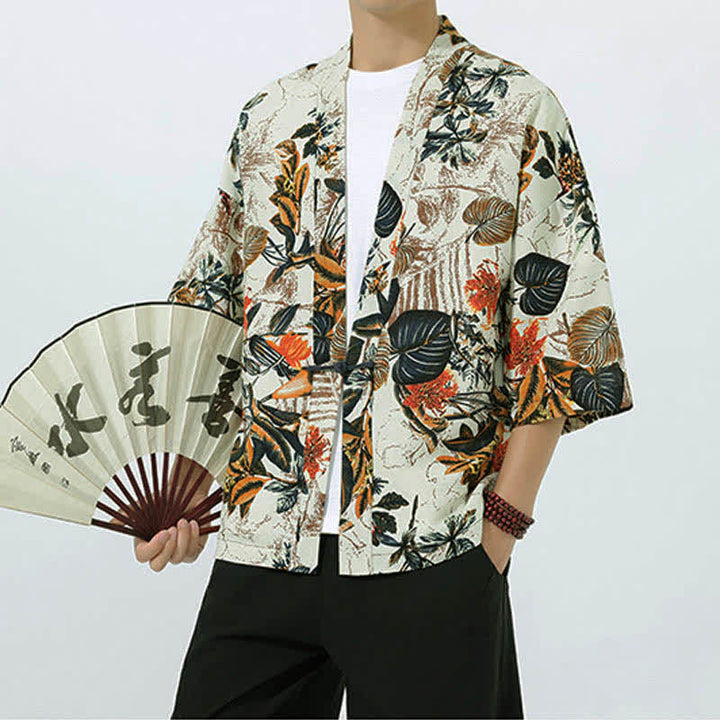 Buddha Stones Kimono de manga corta para hombre, de mezcla de lino, con estampado de hojas tropicales veraniego. - image 3