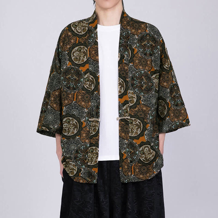 Buddha Stones Kimono de manga corta para hombre, de mezcla de lino, con estampado de hojas tropicales veraniego. - image 16
