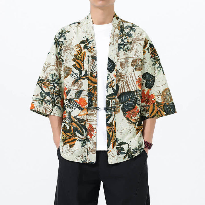 Buddha Stones Kimono de manga corta para hombre, de mezcla de lino, con estampado de hojas tropicales veraniego. - Blanco - US/UK/AU46, EU56 (5XL) - image 0