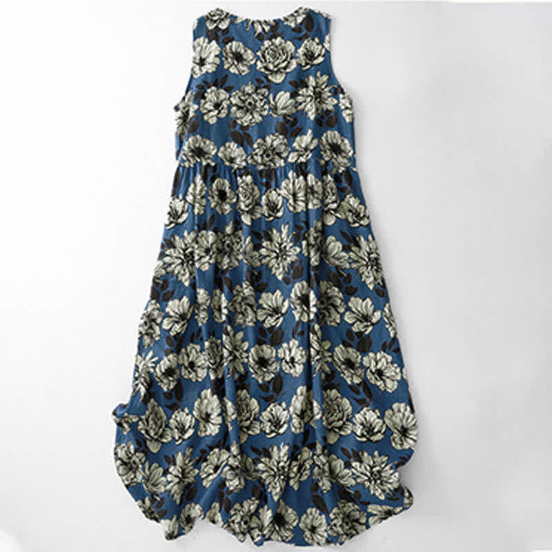 Buddha Stones Vestido de verano grande con estampado floral, cuello redondo, sin mangas, por debajo de la rodilla y bolsillos para mujer. - Azul real - US12, UK/AU16, EU44 (2XL) - image 0