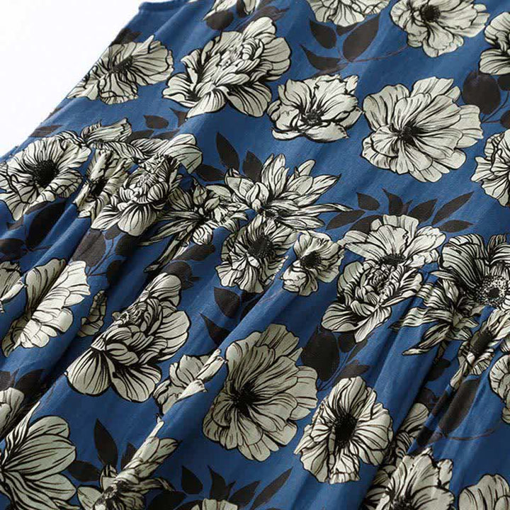 Buddha Stones Vestido de verano grande con estampado floral, cuello redondo, sin mangas, por debajo de la rodilla y bolsillos para mujer. - image 4