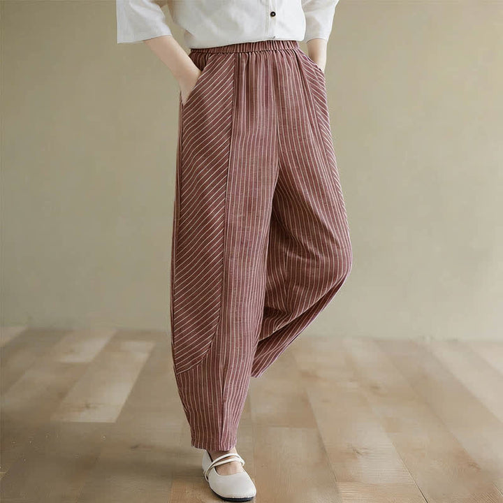 Buddha Stones Pantalones de mujer de lino y algodón a rayas, corte ajustado y bolsillos, ideales para el verano. - image 11